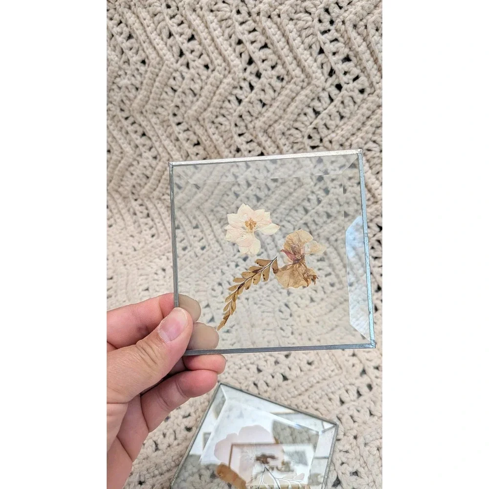 Vintage Pressed Dried Flower Glass Coasters Set of 4 Beveled Metal Edge 4x4